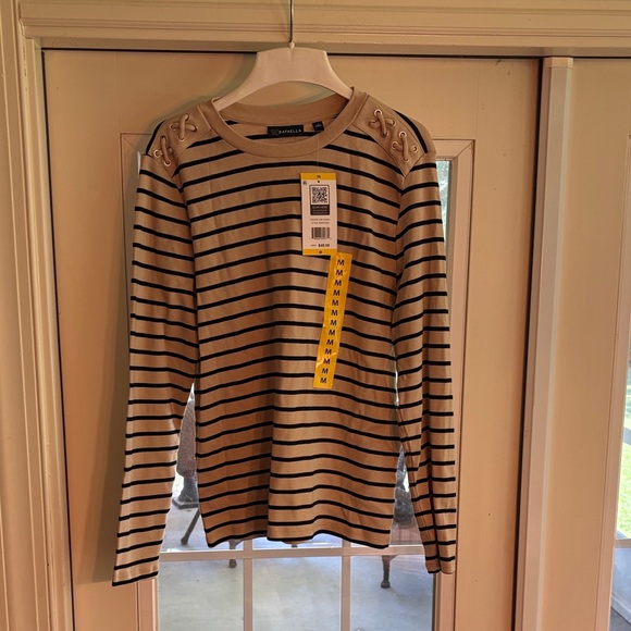 Rafaella Irish Cream and Black Striped Top with Eyelet Shoulders - Picture 1 of 6
